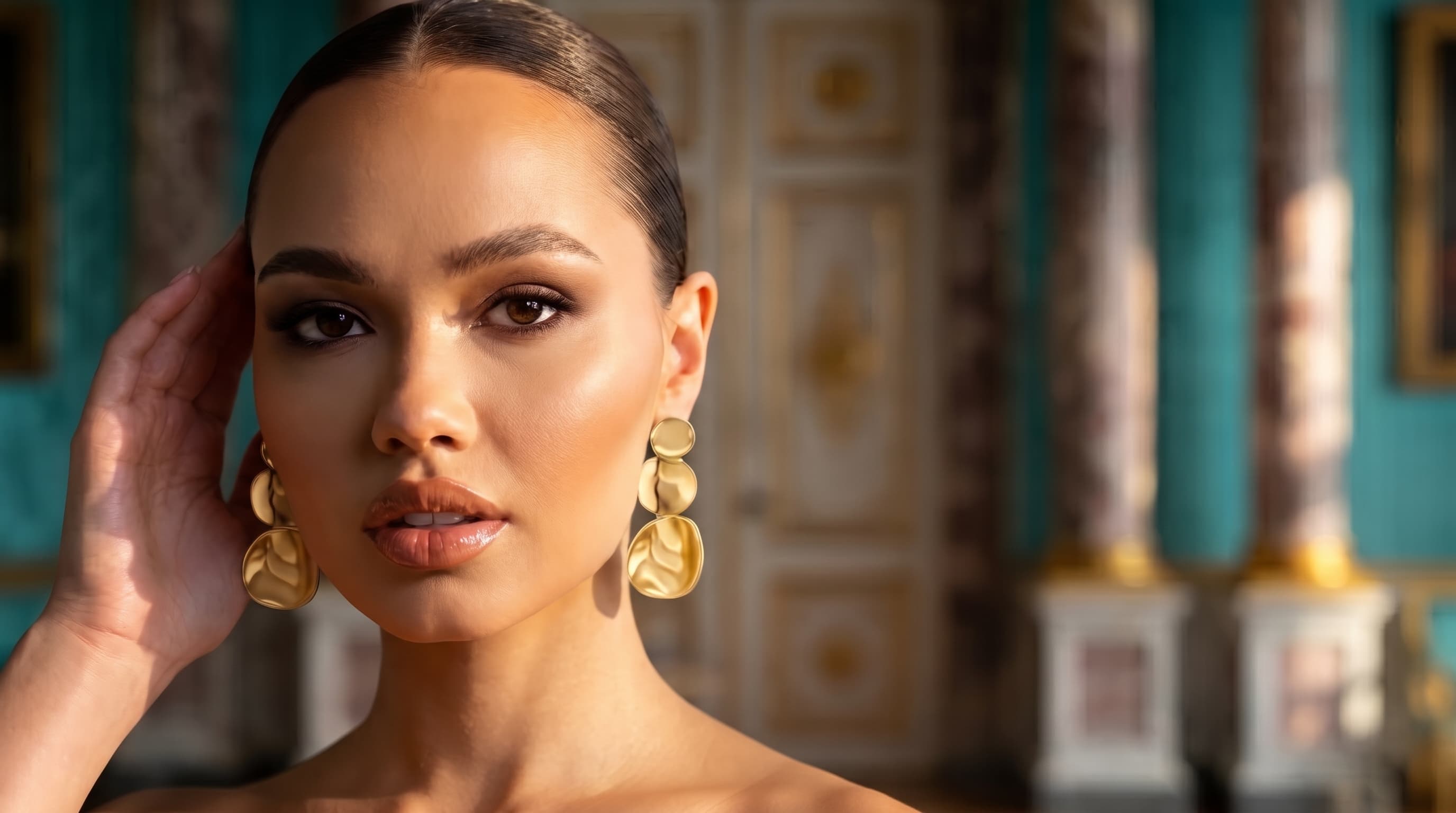 Model wearing Shosh Jewelries gold statement earrings