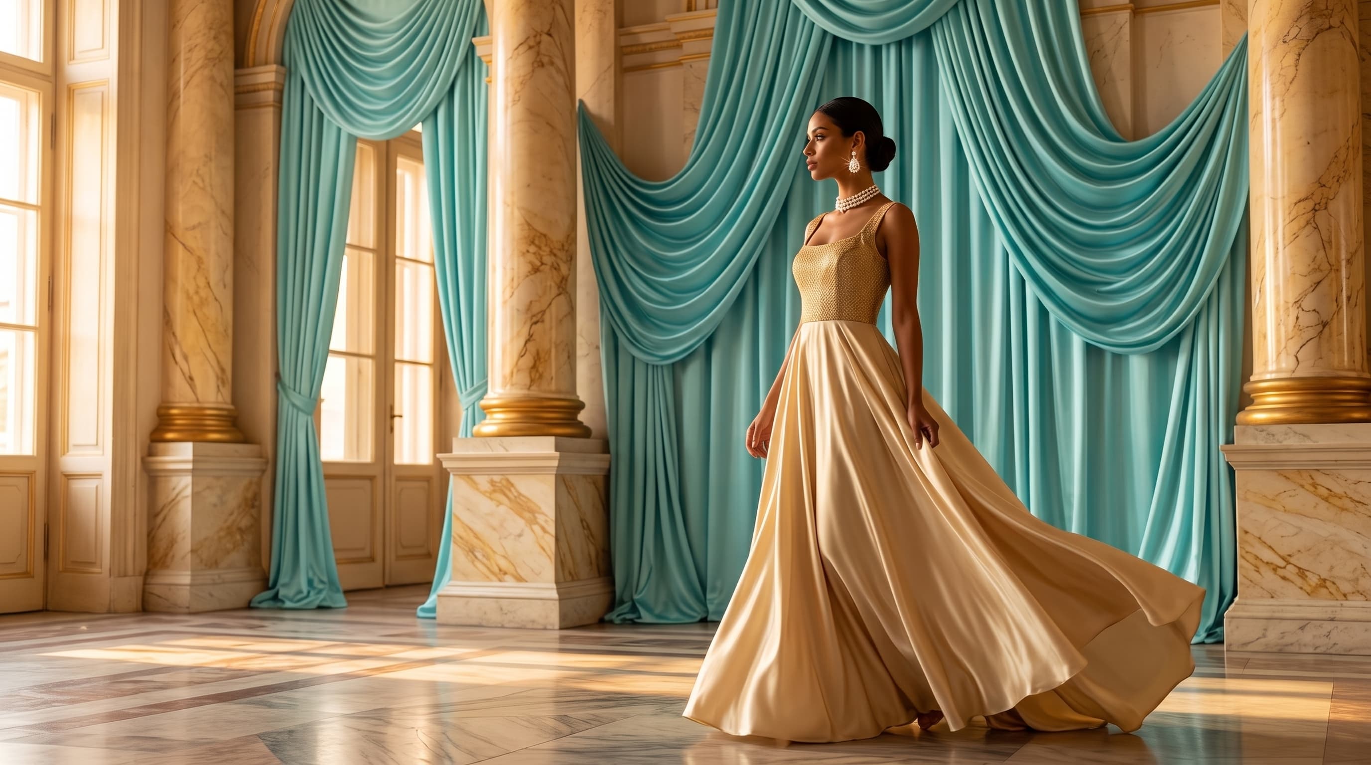 Model in an evening gown wearing pearl drop earrings and a pearl choker